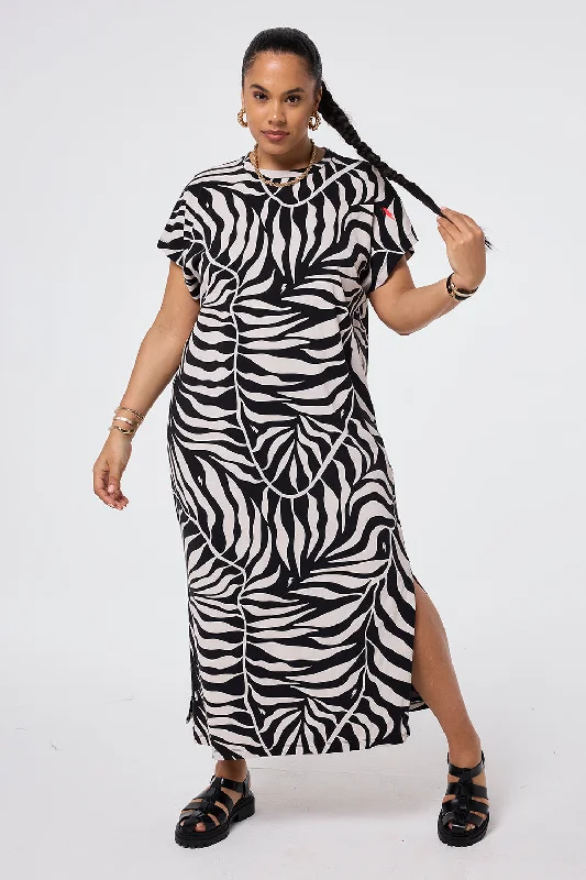 Black with Cream Palm Midi T-Shirt Dress-- V-Neck T-Shirt Long Sleeve Cotton