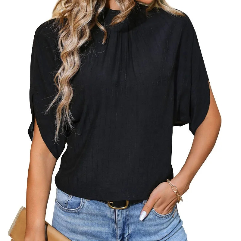 Standing Collar Fashionable Woman's Clothing Bat Sleeve Half Sleeve Casual Elegant Retro Design Women's Shirt Summer 2024 New-- Houndstooth Herringbone Solid Standing Collar Fashionable Woman's Clothing Bat Sleeve Half Sleeve Casual Elegant Retro Design Women's Shirt Summer 2024 New-- Houndstooth Herringbone Solid