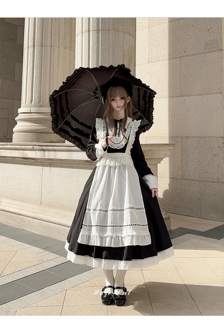 Hezi's Cat Haven~Black Cat Butler~Maid Lolita OP Dress Elegant Black and White Dress Tunics Spring floral