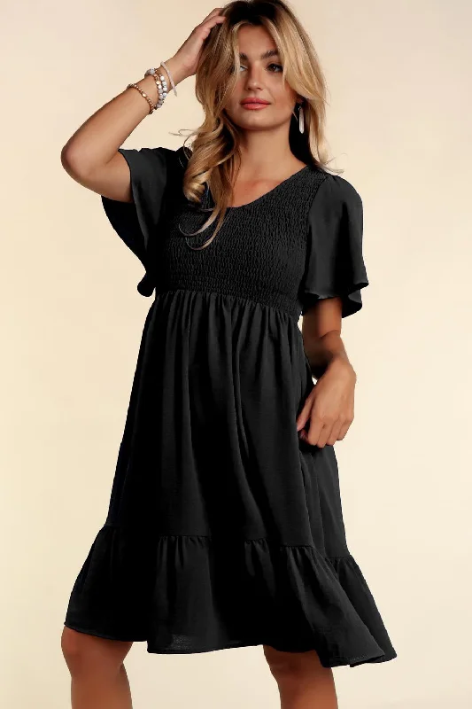 Black Smocked Ruffle Hem Dress Tunics Modern contemporary