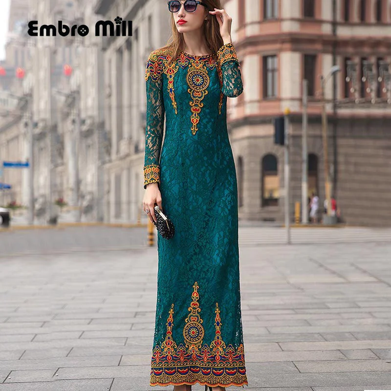 Bud royal retro embroidery dress women runway brand autumn winter European American fashion show Vintage party long dress S-XL Tunics Versatile functional Bud royal retro embroidery dress women runway brand autumn winter European American fashion show Vintage party long dress S-XL Tunics Versatile functional
