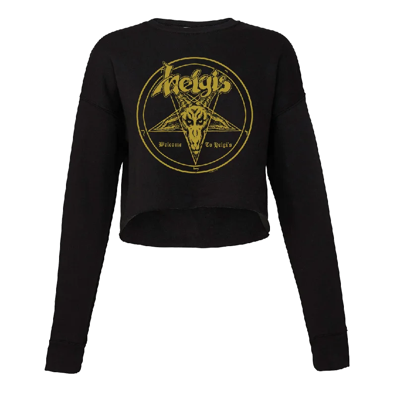 Helgi's - Welcome To Helgi's Gold Logo Women's Crop Crewneck Sweatshirt - Black Hoodie with Typography Text Message
