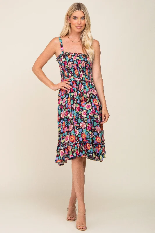 Black Floral Sleeveless Ruffled Dress Tunics Sophisticated sleek