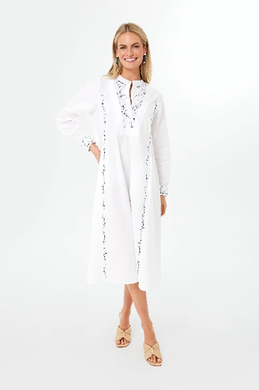 White Blue Victoria Long Dress Crew Neckline Casual