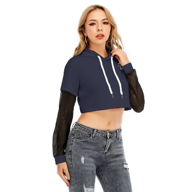 All-Over Print Women's Fake Two-piece Mesh Sleeve Cropped Hoodie Hoodie with Full-Zip Functional Layering