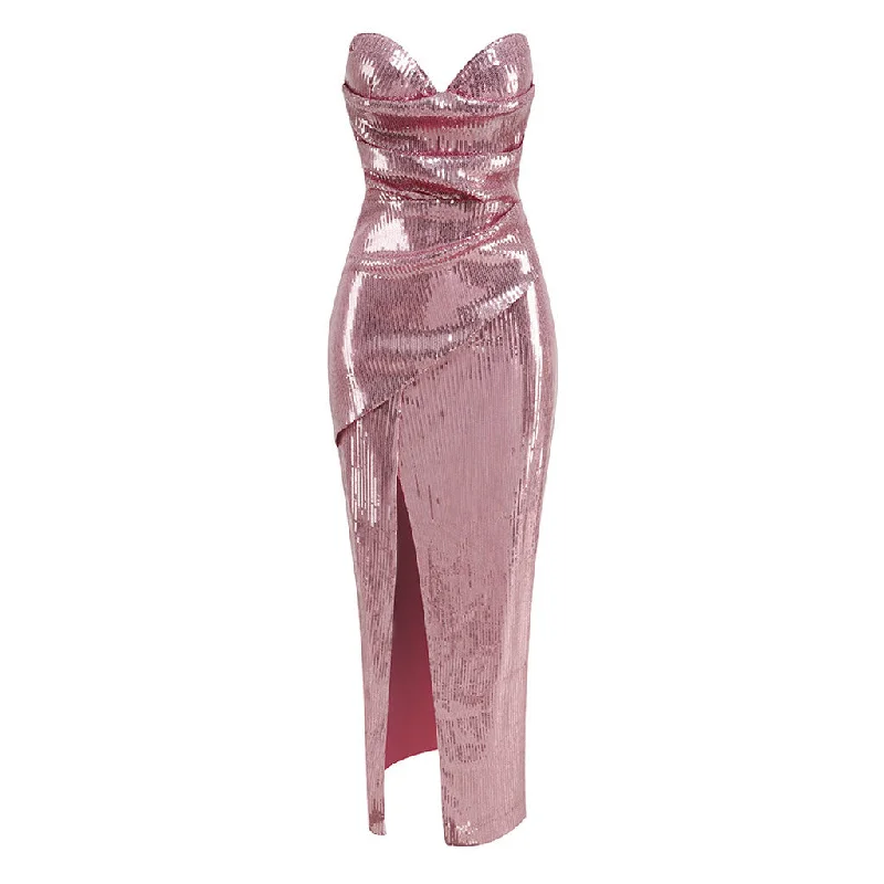 Opulent Sweetheart Neck Strapless Draped Thigh Split Maxi Sequin Evening Dress Bodycon Club Sequined Opulent Sweetheart Neck Strapless Draped Thigh Split Maxi Sequin Evening Dress Bodycon Club Sequined