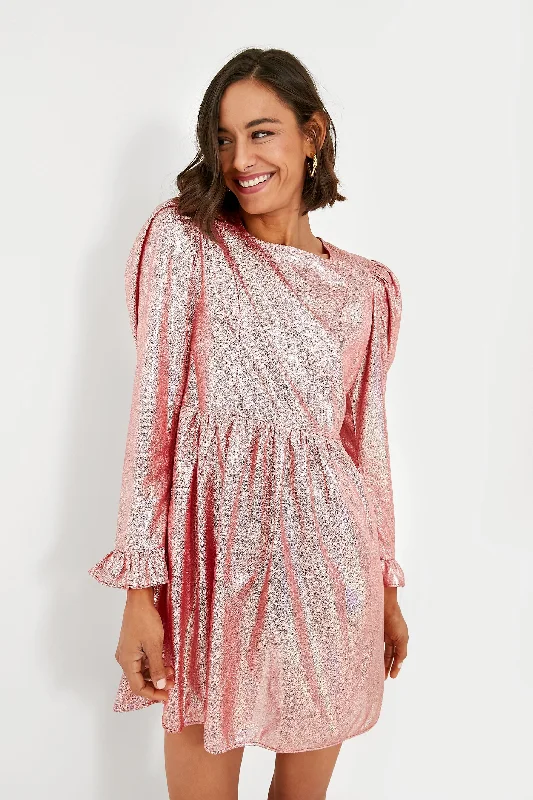 Holographic Ballerina Pink Square Neck Mini Prairie Dress Tunics Travel practical