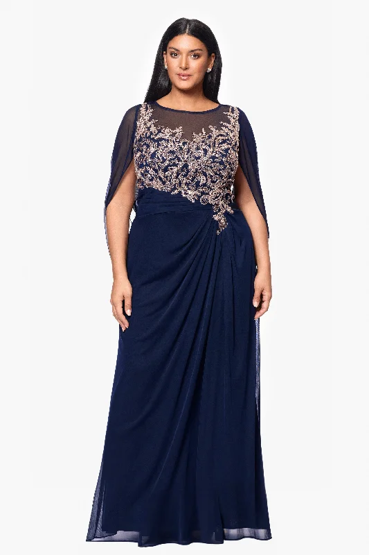 Plus "Willa" Long Sheer Matte Jersey Cape Back Dress With Applique Tunics Occasion special