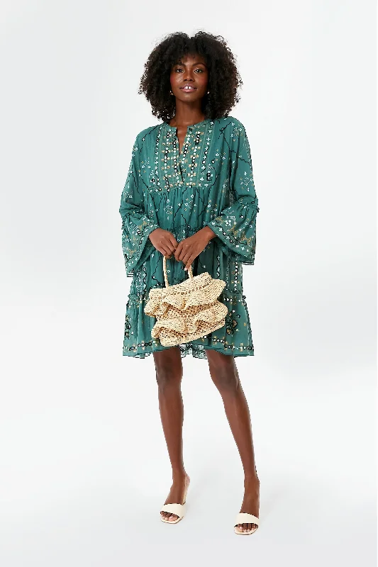 Bottle Green Mosaic Print Flared Sleeve Dress Halter Neckline Beach