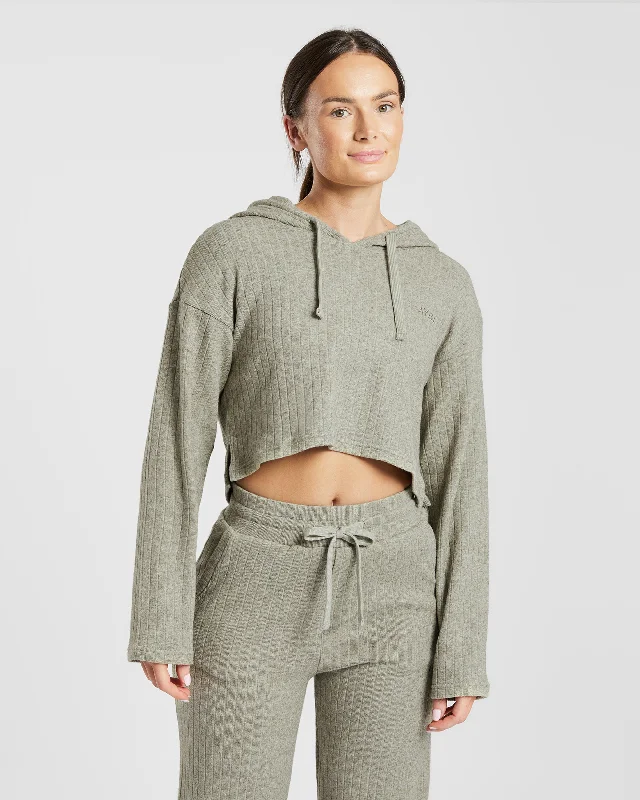 Unwind Knitted Hoodie - Olive Marl Hoodie with Crew Neck Simple Timeless