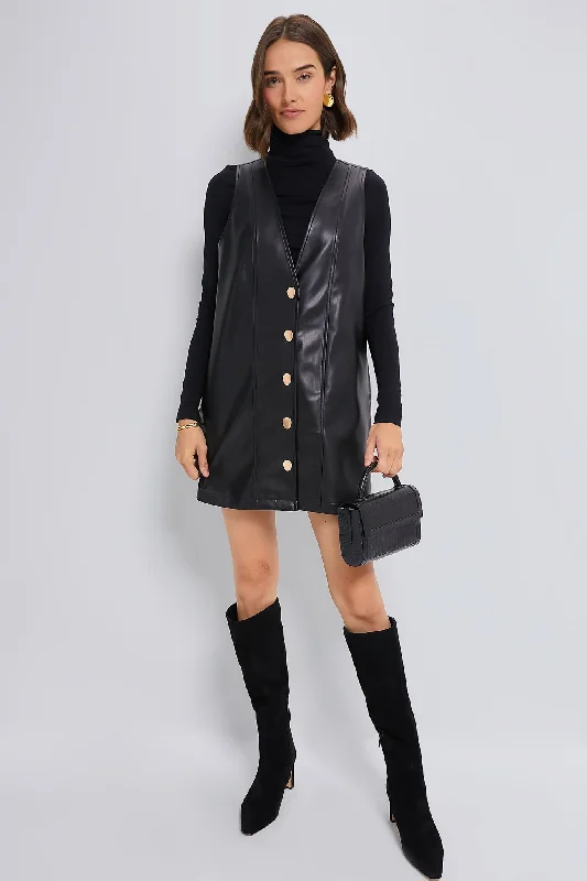 Black Faux Leather Pinafore Dress Tunics Stylish elegant