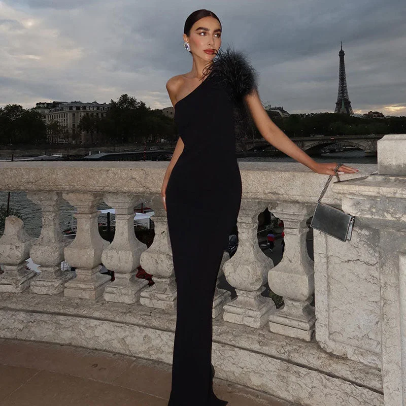 Asymmetrical Wispy Feathered One Shoulder Back Split Bandage Knit Maxi Evening Dress Tunics Stylish modern Asymmetrical Wispy Feathered One Shoulder Back Split Bandage Knit Maxi Evening Dress Tunics Stylish modern