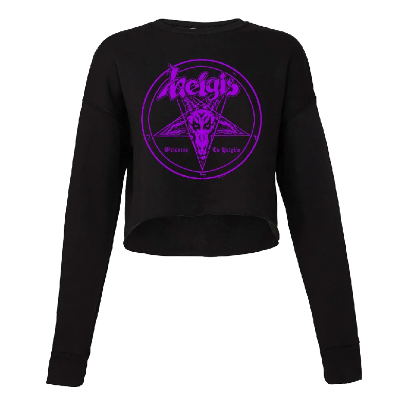 Helgi's - Welcome To Helgi's Purple Logo Women's Crop Crewneck Sweatshirt - Black Hoodie with Color Block Contrast Stylish