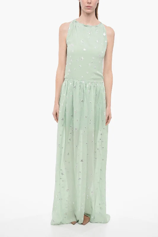 Amiri Silk Halterneck Dress with Lurex Stars and Front Slit Cowl Neckline Elegant