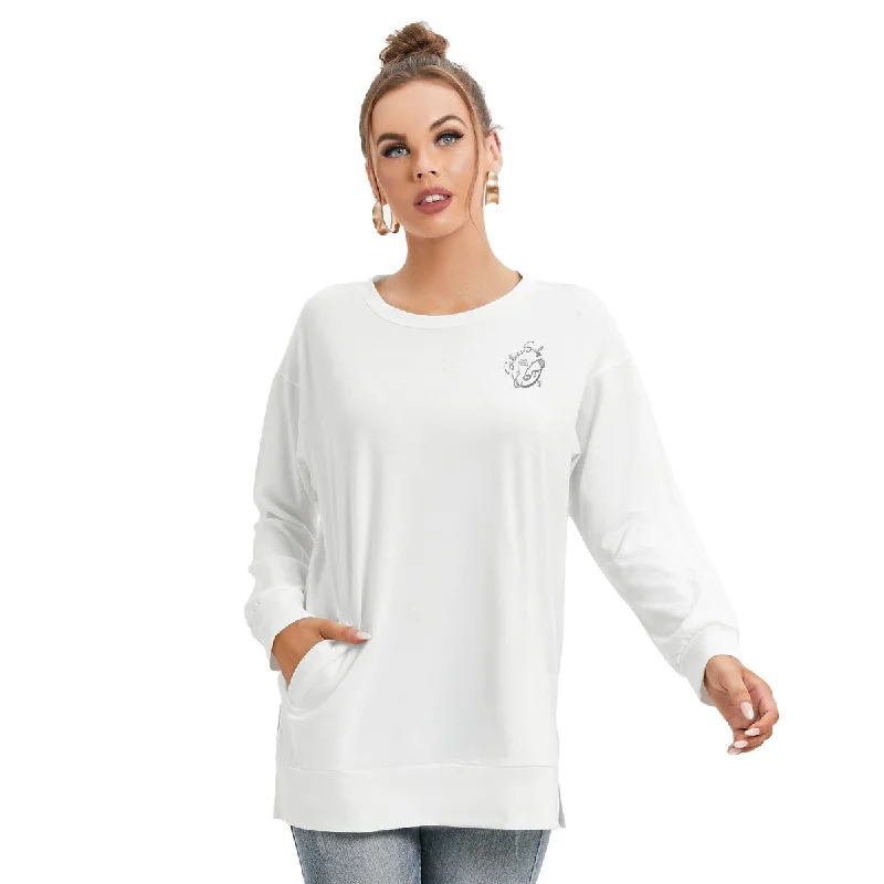 All-Over Print Women's Side Split O-neck Sweatshirt Hoodie Crop Top Short Trendy