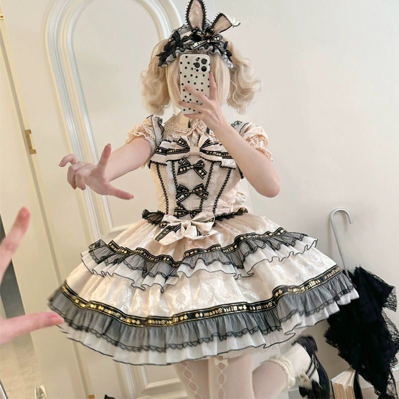Hanguliang~Rabbit Spades~Kawaii Lolita JSK Flounce Hem Bi-color Dress Tunics stripes playful Hanguliang~Rabbit Spades~Kawaii Lolita JSK Flounce Hem Bi-color Dress Tunics stripes playful