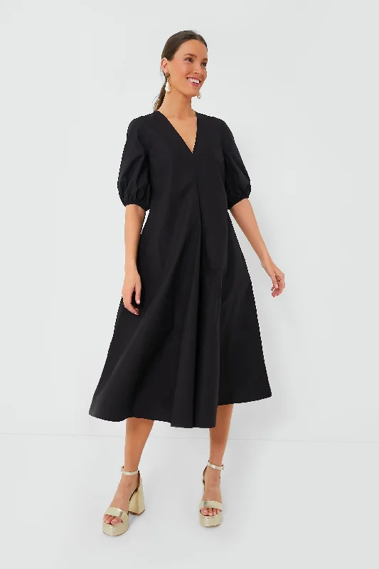 Black Cotton Poplin V-Neck Long Dress Turtleneck Neckline Stylish