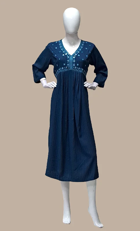 Deep Teal Embroidered Kurti Dress Casual Short Summer