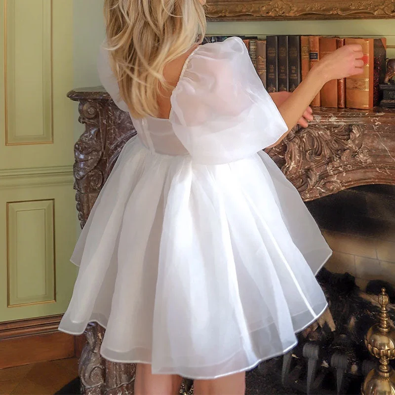Zjkrl Women Puff Sleeve Tulle Tutu Princess Dress Square Collar Mesh Ruffle Bubble Skirt Wedding Evening Party Prom Mini Fairy Dress Tunics Distressed trendy