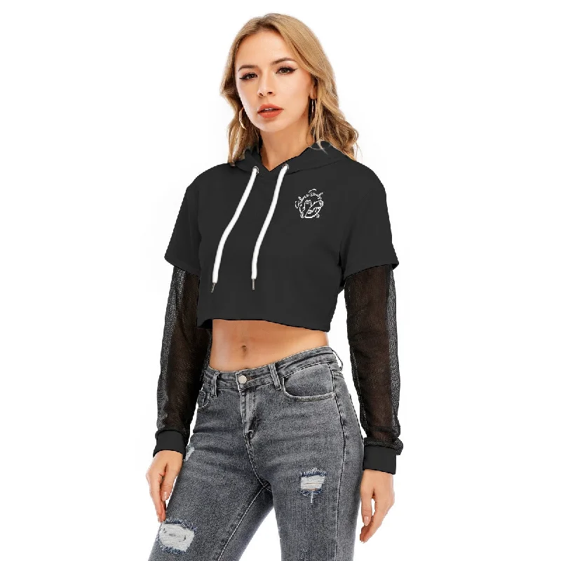 All-Over Print Women's Fake Two-piece Mesh Sleeve Cropped Hoodie Hoodie with Full-Zip Functional Layering