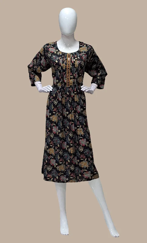 Navy Printed Kurti Dress Crew Neckline Sporty