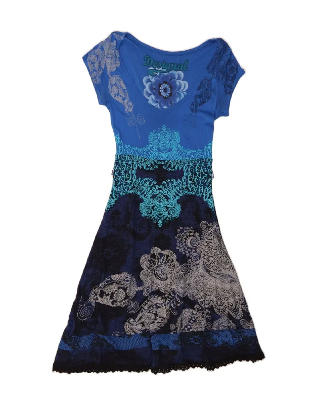 DESIGUAL Womens A-Line Dress UK 10 Small Blue Floral Tunics Bridal satin