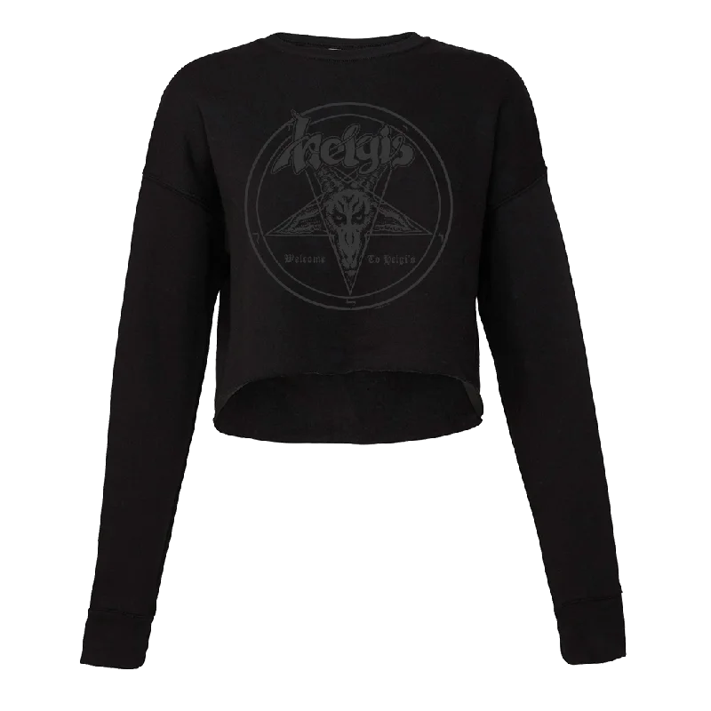 Helgi's - Welcome To Helgi's Black Logo Women's Crop Crewneck Sweatshirt - Black Hoodie with Hem Applique Textured Unique