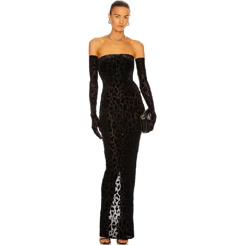 Classy Gloved Flocked Leopard Strapless Maxi Evening Dress - Black Tunic Top Casual