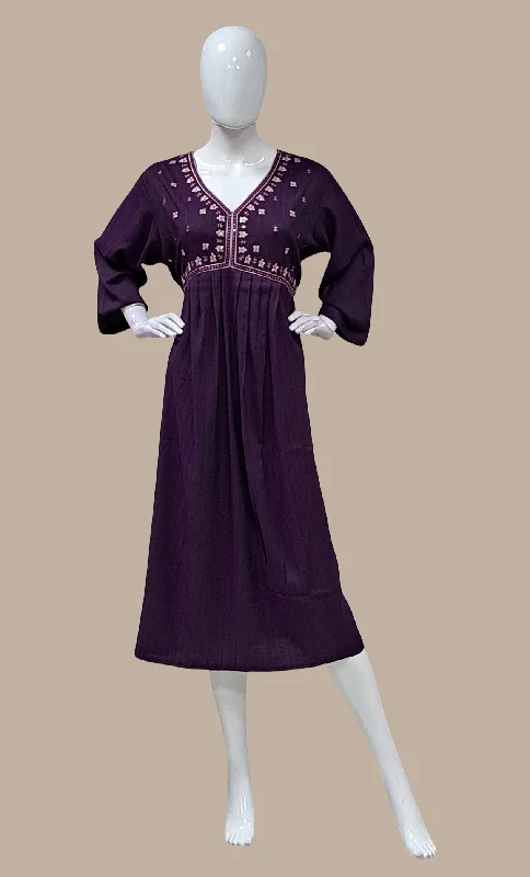 Deep Purple Embroidered Kurti Dress A-Line Day Work