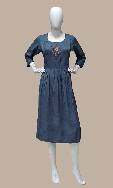 Grey Embroidered Kurti Dress Tunics Vintage classic