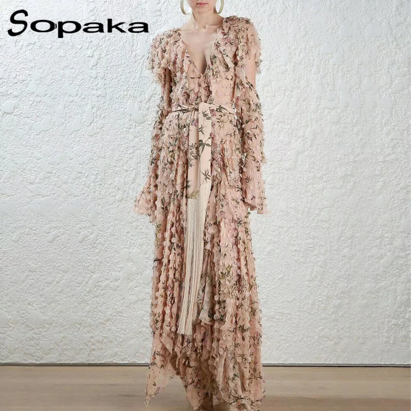 2018 Spring High Quality Designer Women Long Dress Sexy V Neck Backless Ruffles Floral Print Tassel Sashes Maxi Layer Dresses Tunics Top rated 2018 Spring High Quality Designer Women Long Dress Sexy V Neck Backless Ruffles Floral Print Tassel Sashes Maxi Layer Dresses Tunics Top rated