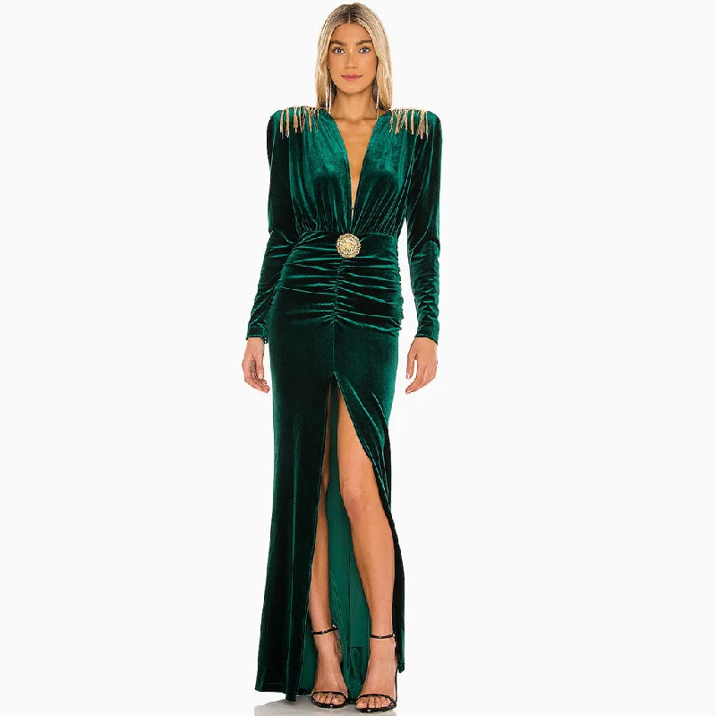 Luxury Velvet Fringe Deep V High Slit Maxi Evening Dress - Emerald Green Tunics Leisure comfortable Luxury Velvet Fringe Deep V High Slit Maxi Evening Dress - Emerald Green Tunics Leisure comfortable