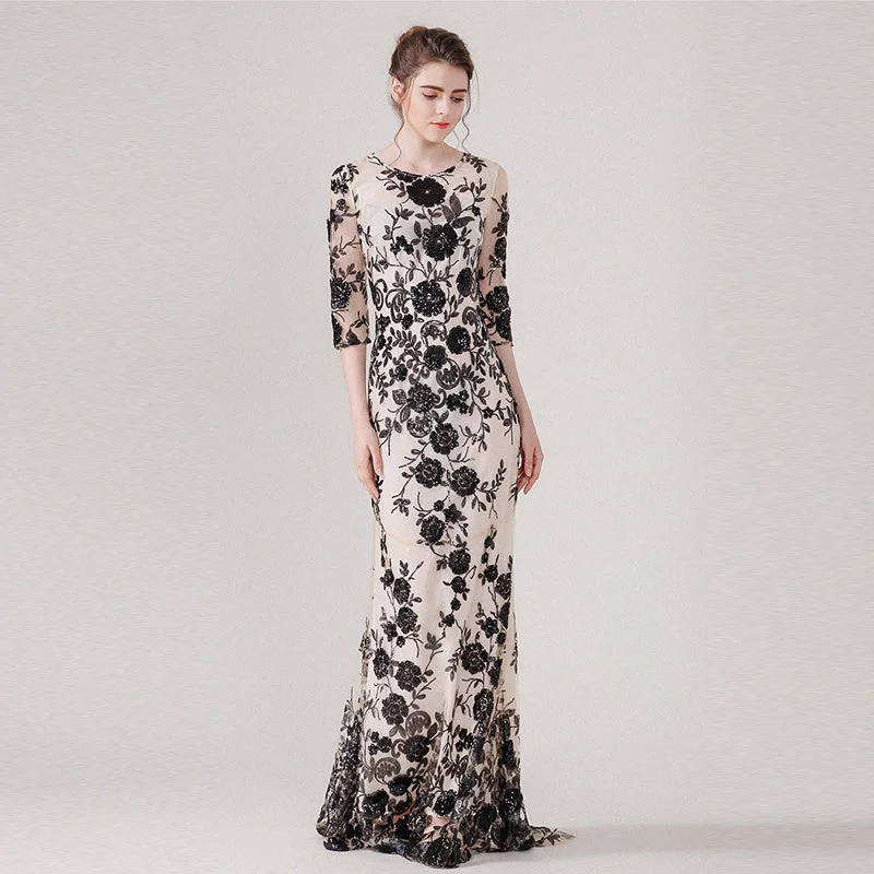 New high quality Vintage Sequined long dress spring and summer women Three Quarter sleeve Mesh embroidered Trumpet/Mermaid dress Boatneck Modish Everyday New high quality Vintage Sequined long dress spring and summer women Three Quarter sleeve Mesh embroidered Trumpet/Mermaid dress Boatneck Modish Everyday