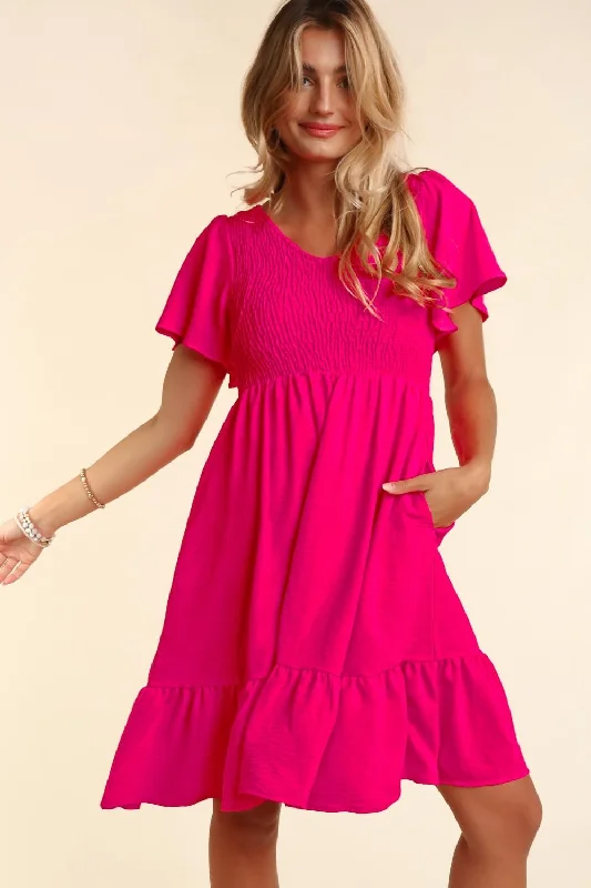 Fuchsia Smocked Ruffle Hem Dress Tunics Summer linen