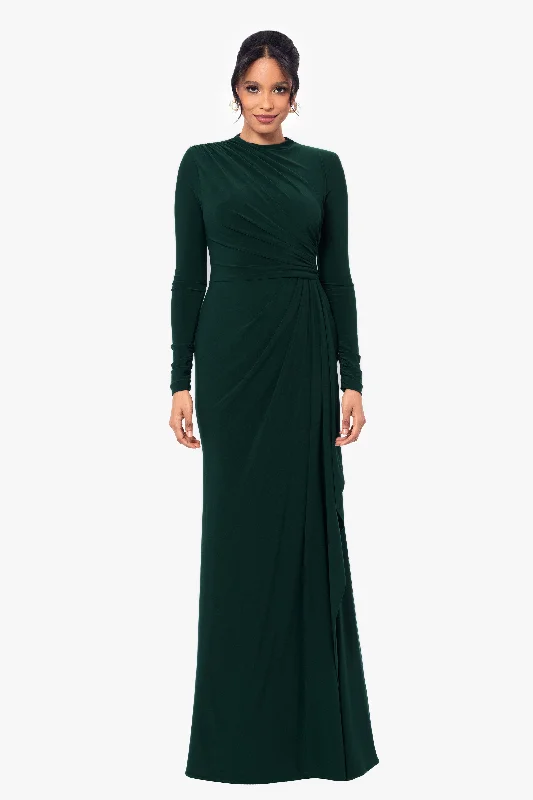 Petite "Jeanette" Long Sleeve Stretch Knit Side Ruffle Dress Boat Neckline Classic