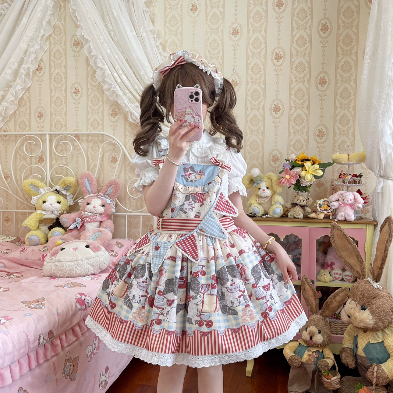 Akiyama Future Studio~Border Collie Cherry~Kawaii Lolita Salopette Cherry Print Dress Pencil Office Professional Akiyama Future Studio~Border Collie Cherry~Kawaii Lolita Salopette Cherry Print Dress Pencil Office Professional