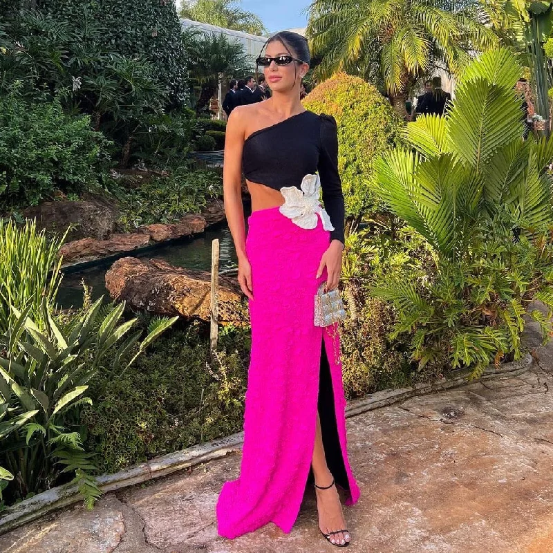 Opulent Pearl Flower One Shoulder Cut Out Waist Thigh Split Maxi Evening Dress Tunics Leisure comfortable Opulent Pearl Flower One Shoulder Cut Out Waist Thigh Split Maxi Evening Dress Tunics Leisure comfortable