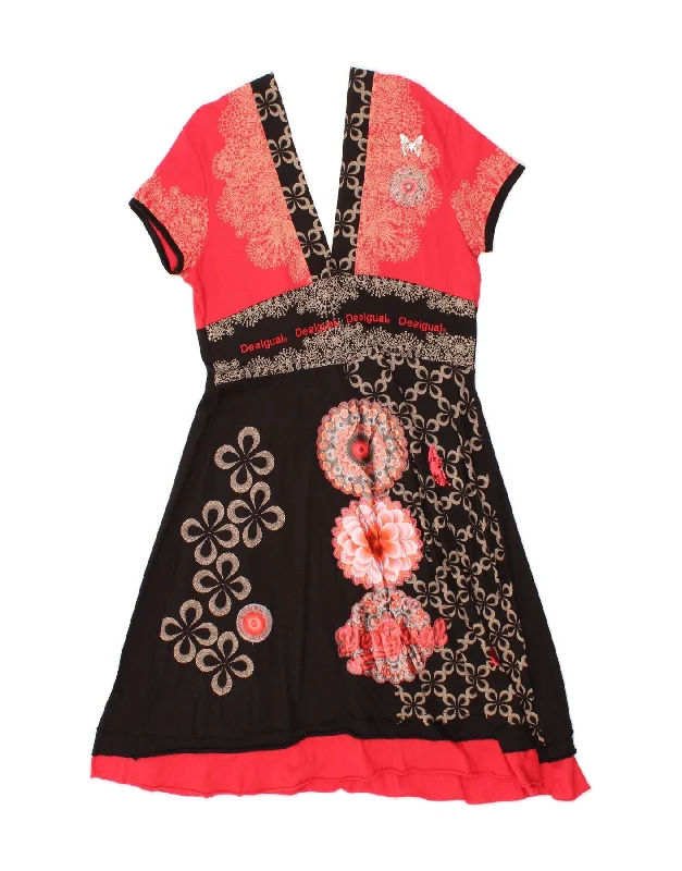 DESIGUAL Womens A-Line Dress UK 18 XL Red Floral sweetheart Neckline Romantic