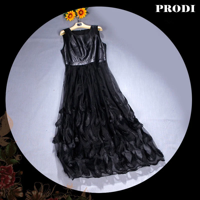 PRODI spring women genuine leather and lace dress black sheepskin and lace long dress women PR1718 Cowl Neckline Elegant PRODI spring women genuine leather and lace dress black sheepskin and lace long dress women PR1718 Cowl Neckline Elegant