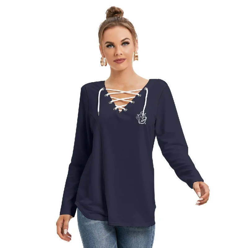 All-Over Print Women's Long Sleeve Neckline Tie Sweatshirt Hoodie with Side Slits Relaxed Casual