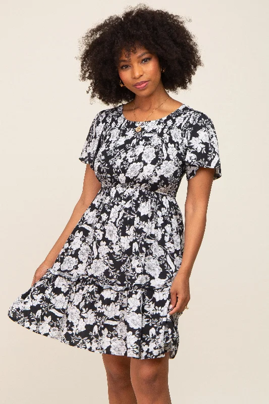 Black Floral Smocked Gathered Tier Dress Elegant Long Evening