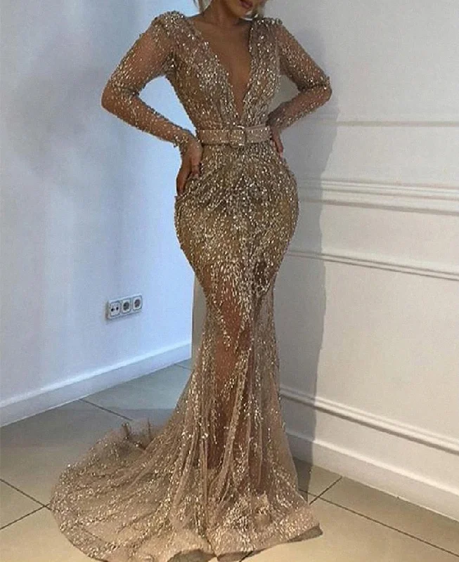 Zjkrl Sexy Deep V Long Sleeve Fishtail Evening Dress Tunics Versatile functional