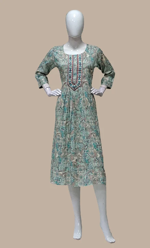 Sea Green Printed Kurti Dress Tunics Long Elegant