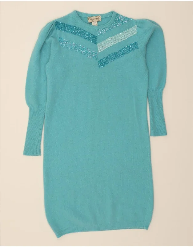 VINTAGE Womens Long Sleeve Jumper Dress UK 14 Large Turquoise Wool Tunics Denim casual