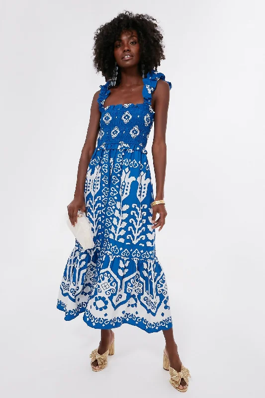 Blue Sonia Print Sleeveless Smocked Dress Tunics Stylish modern