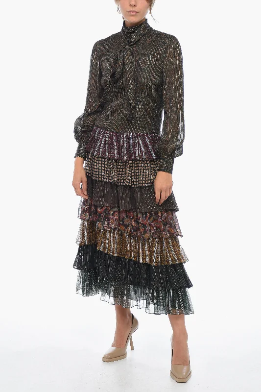 Celine Tie Neck Silk Blend Dress with Lurex Motif Tunics Trendy modern