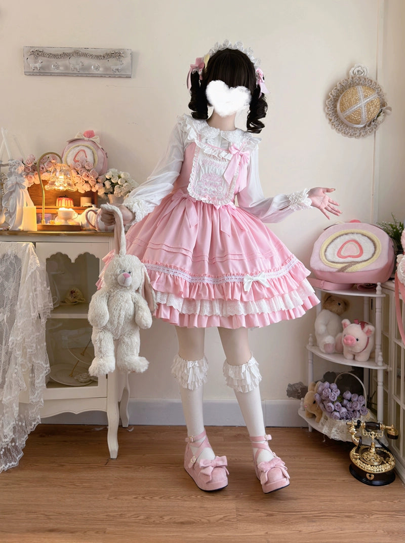 Hanguliang~Sweet Bear~Kawaii Lolita JSK Dress Embroidery Flounce Hem Turtleneck Neckline Stylish