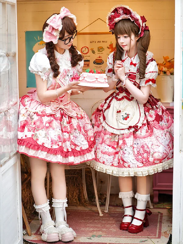 Mewroco~Strawberry Cat~Sweet Lolita Dress Suit JSK and Salopette with Cat Prints Tunics Wedding white Mewroco~Strawberry Cat~Sweet Lolita Dress Suit JSK and Salopette with Cat Prints Tunics Wedding white