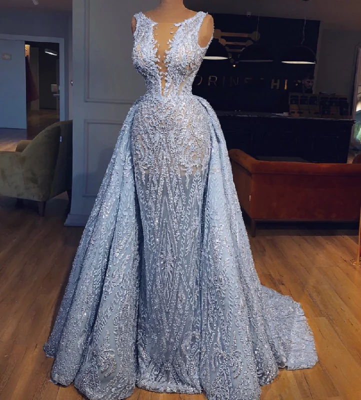 Elegant Blue Lace Sleeveless Deep V Neck Prom Dresses Party Dresses Turtleneck Neckline Stylish