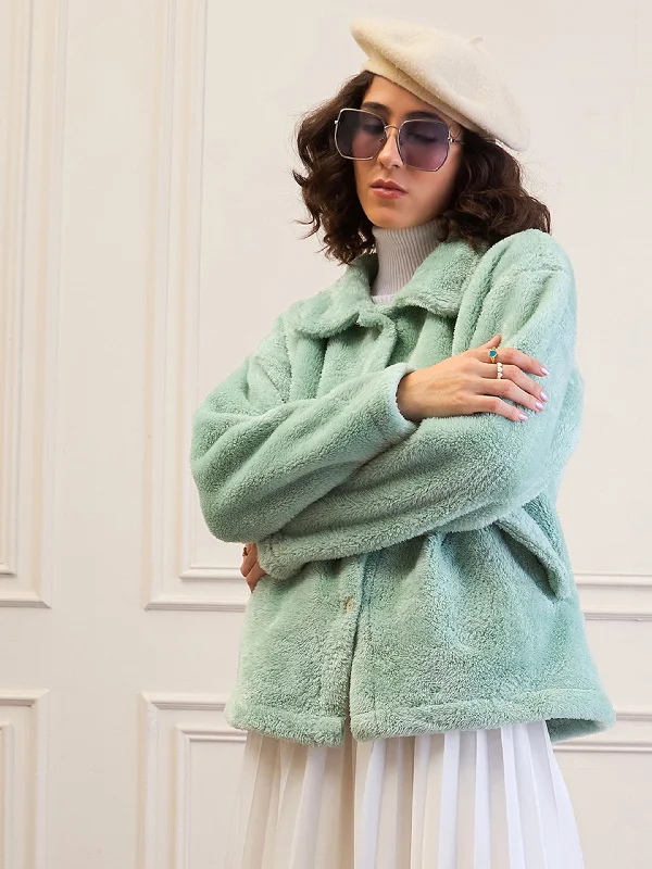 Women Green Fur Flap Pockets Detail Jacket Satin Fabric Silk Fabric Chiffon Fabric